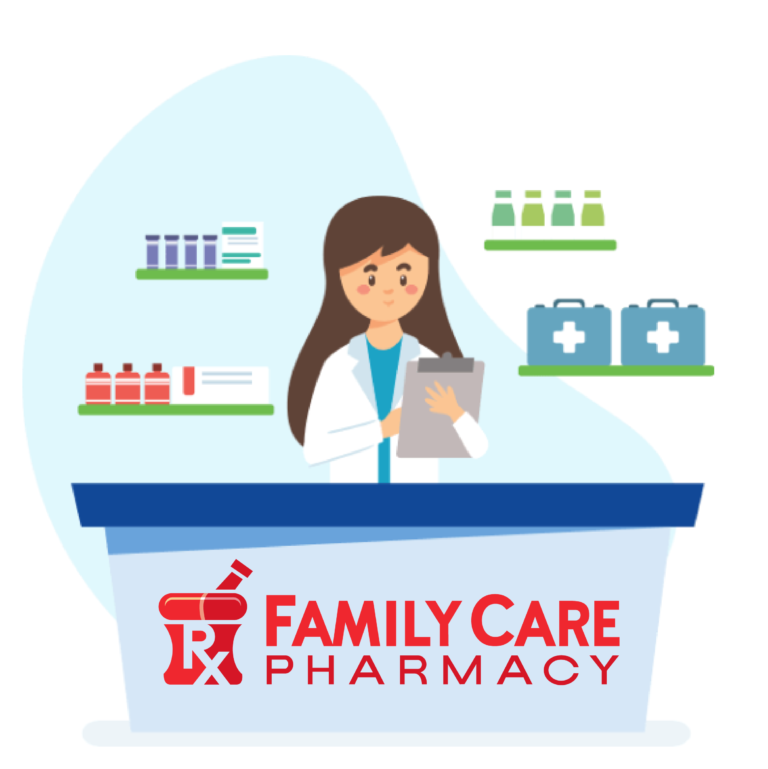 Cartoon pharmacist assisting a DOE worker with DOL White Card prescription coverage